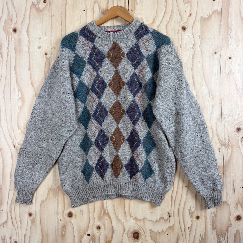 Pitlochry Sweater Mens L Grey Aegyle Shetland Pure New Wool Made in Scotland